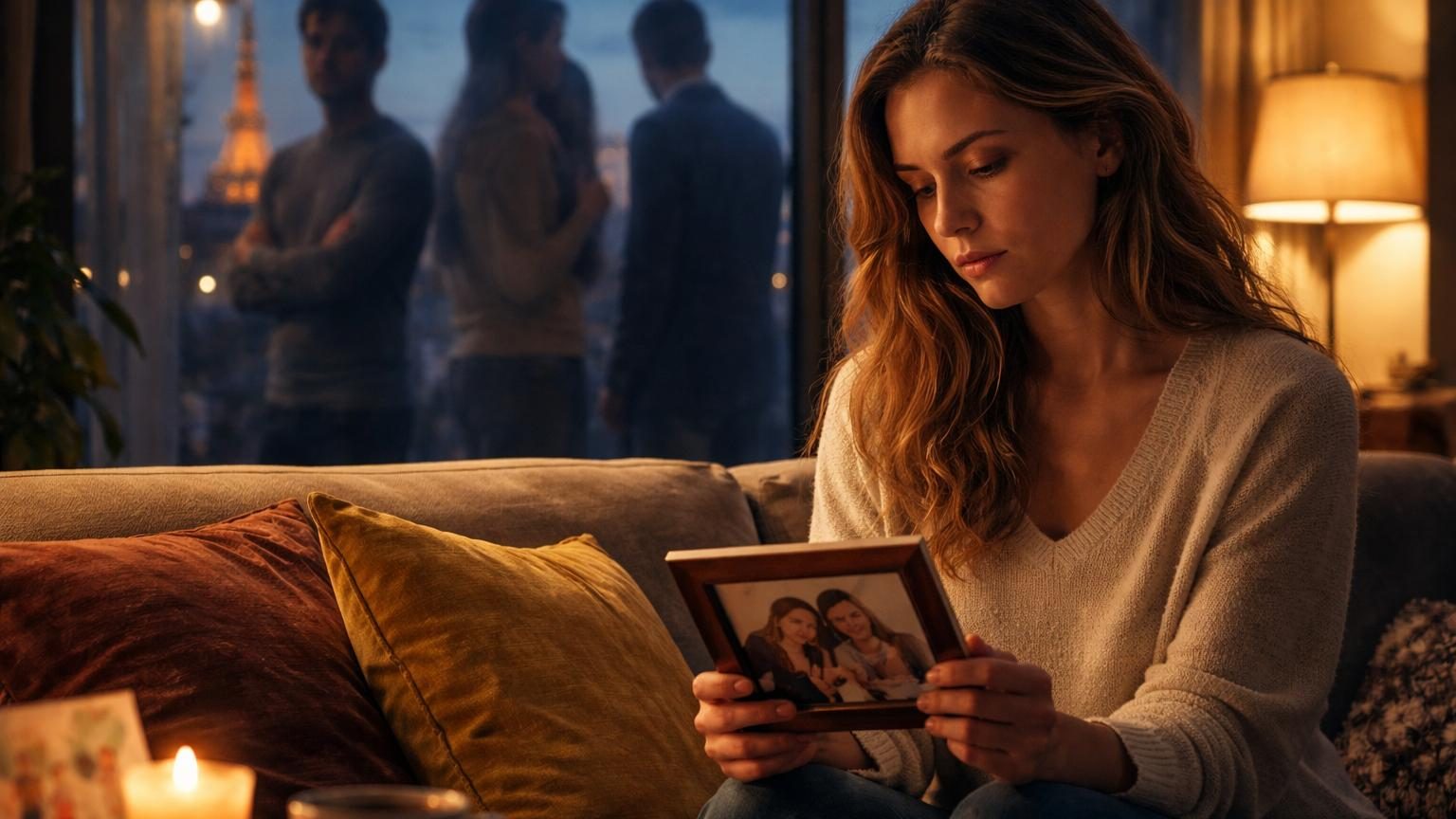 Illustration d'une femme pensive regardant dehors, réfléchissant aux cycles relationnels et à la compréhension de soi.