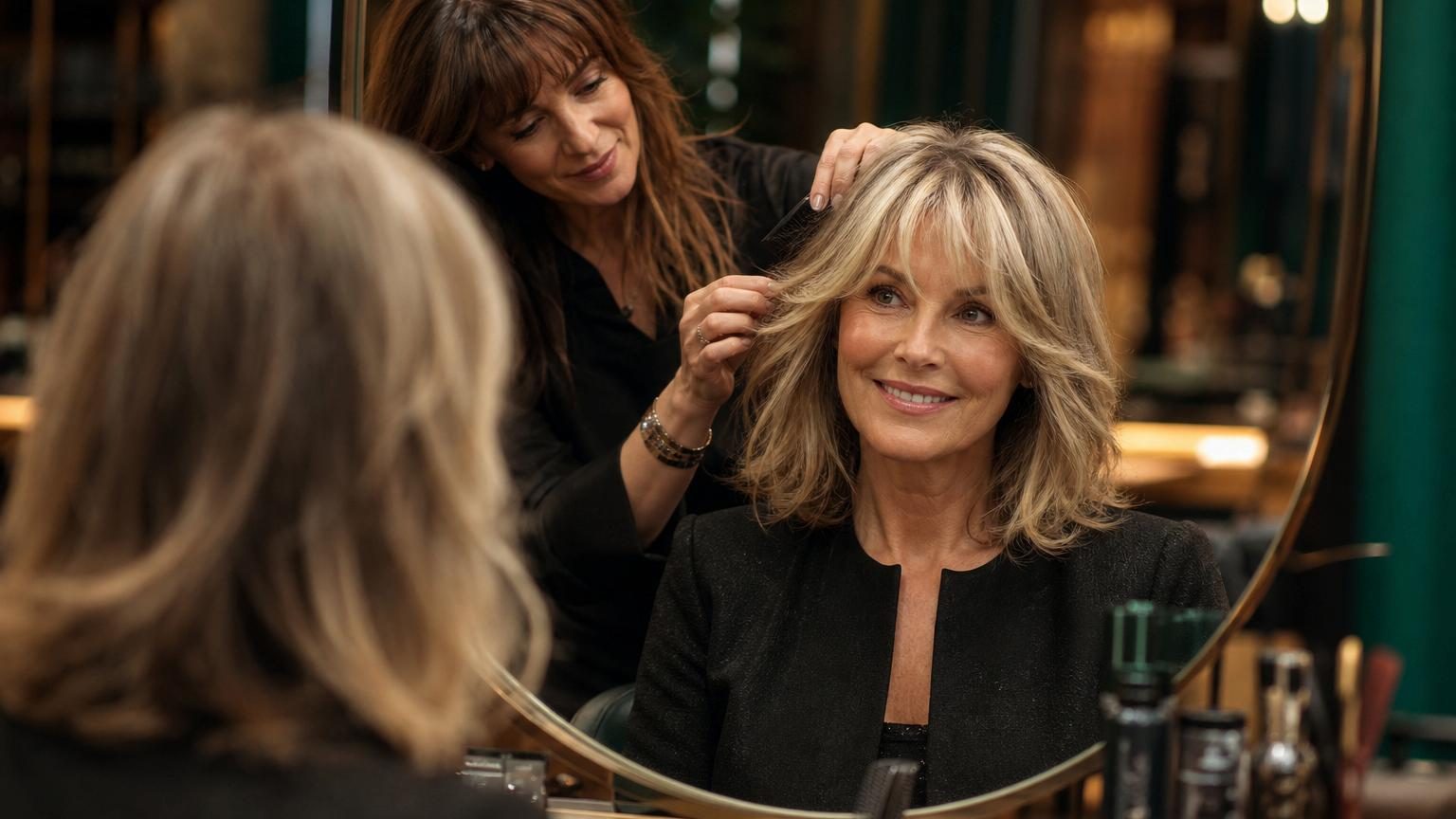 Femme devant un miroir de salon de coiffure, admirant sa nouvelle coupe de cheveux avec un reflet lumineux encadrant son visage