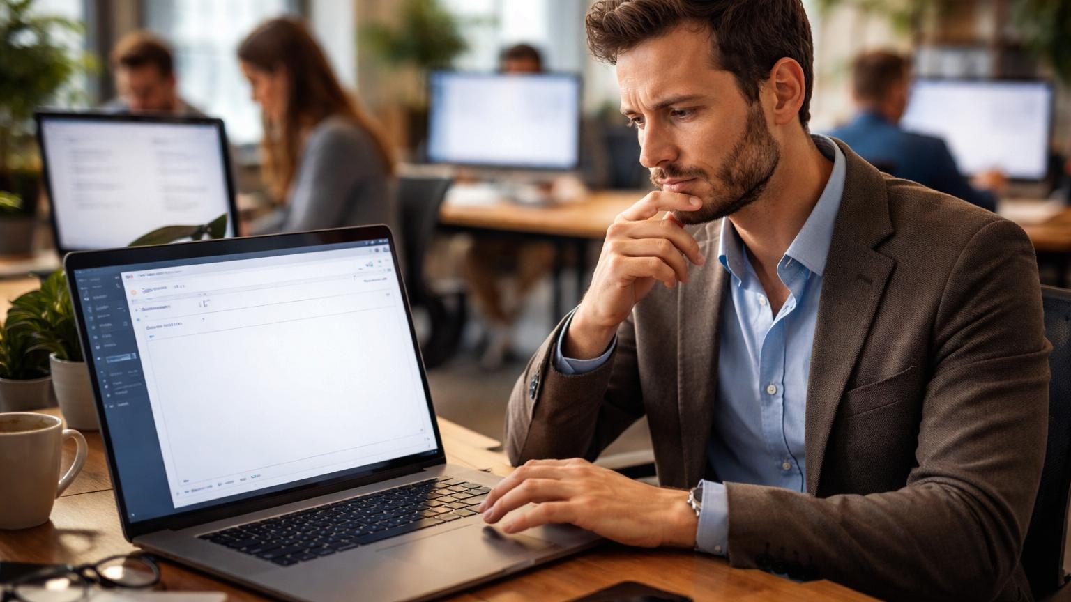 Personne rédige un e-mail sur son ordinateur, avec un doigt pointant une phrase à supprimer en haut du message, symbolisant le rejet de formules de politesse automatiques.