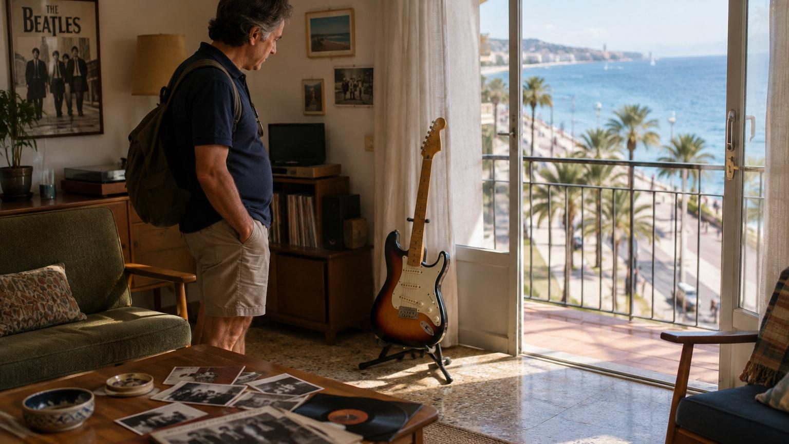Intérieur d'un appartement rétro des années 1960 avec affiches des Beatles, photographies en noir et blanc et décoration époque rappelant le séjour de John Lennon en Espagne.
