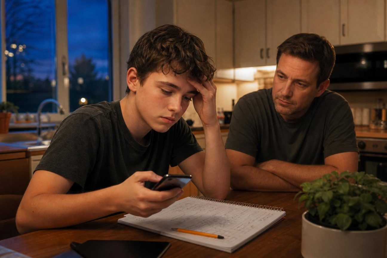 Un adolescent dans une cuisine regarde son téléphone avec indifférence, exprimant le dilemme entre la quête immédiate du bonheur et les défis de la vie réelle.