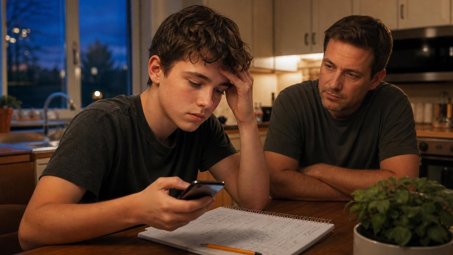 Un adolescent dans une cuisine regarde son téléphone avec indifférence, exprimant le dilemme entre la quête immédiate du bonheur et les défis de la vie réelle.