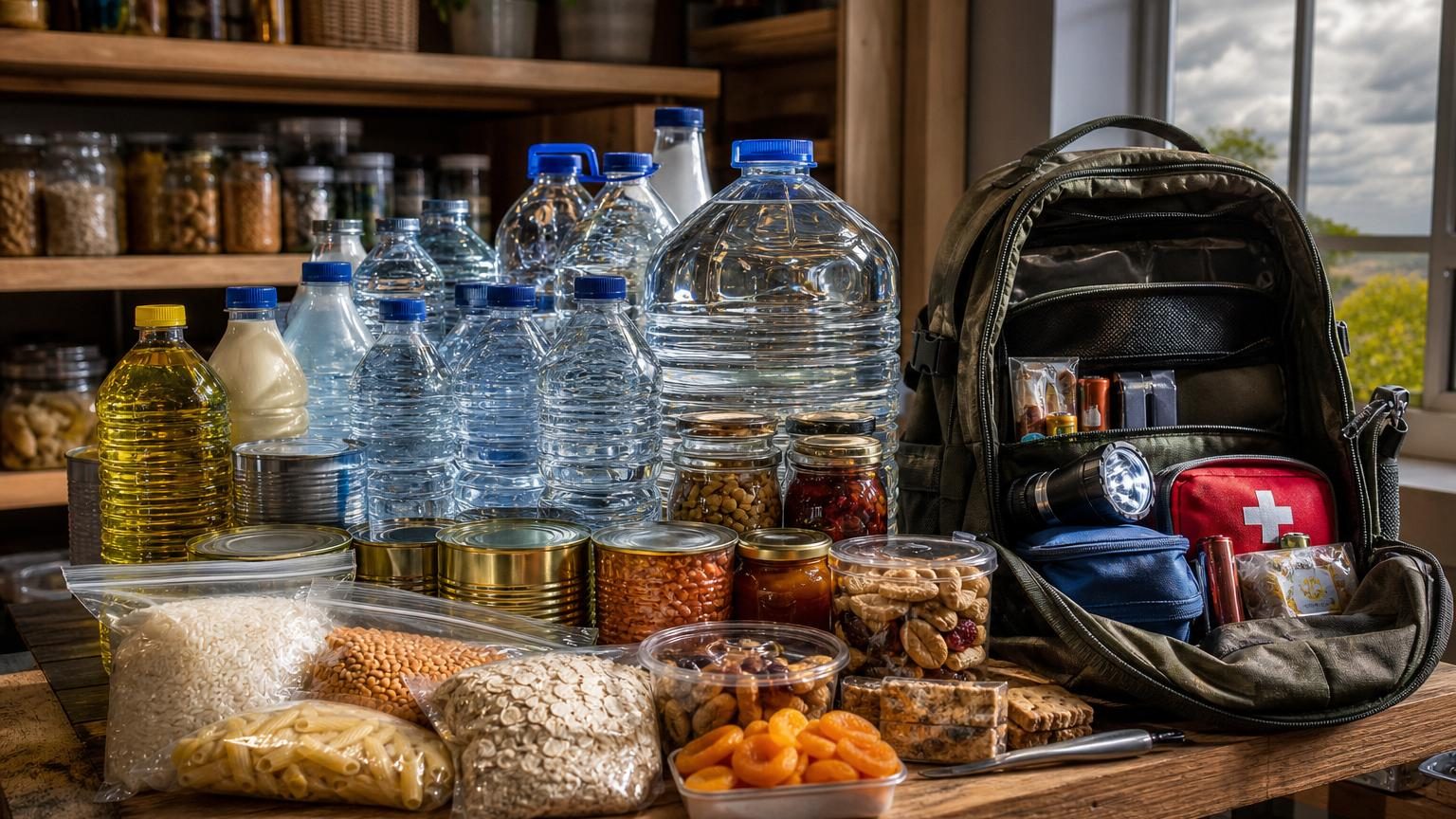 Plan de travail avec bocaux de conserves, pâtes, riz, eau en bouteilles, noix et fruits séchés représentant un kit d'urgence alimentaire.