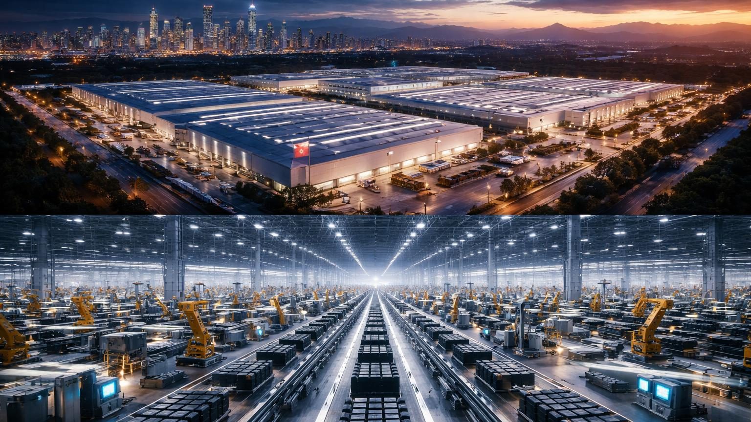 Vue d'une immense usine industrielle moderne avec toitures métalliques et équipements technologiques, symbolisant le complexe manufacturier géant de la Chine dédié à un seul produit.