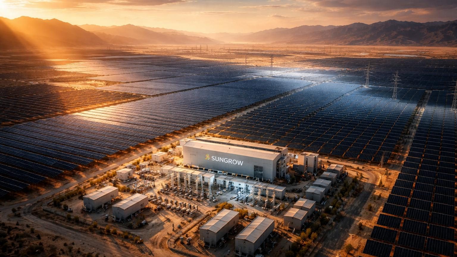 Schéma d'une centrale solaire avec onduleurs et batteries intégrés, montrant les flux d'électricité et les oscillations de tension à stabiliser.