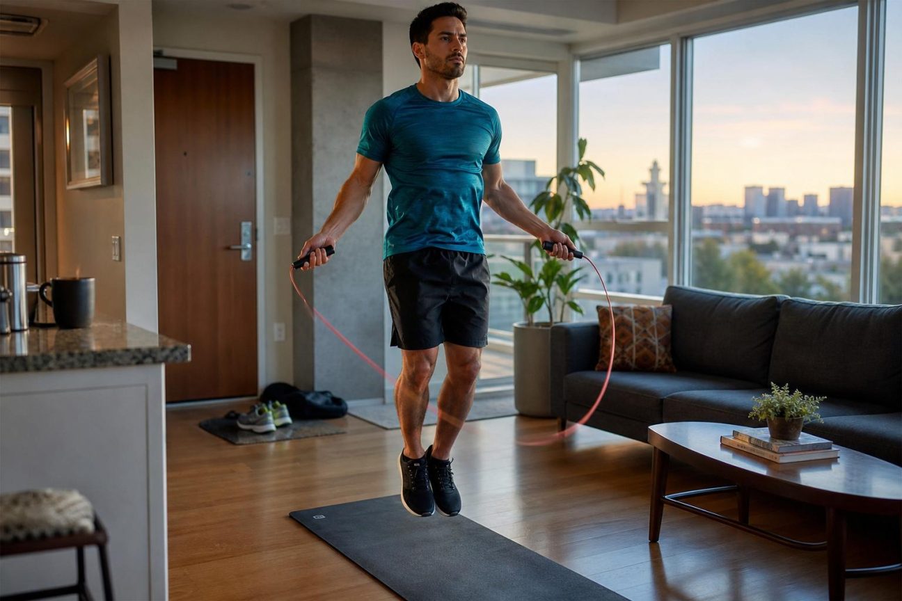 Une corde à sauter légère avec des poignées colorées posée sur un tapis de yoga dans un salon lumineux, près d'une paire de baskets blanches.