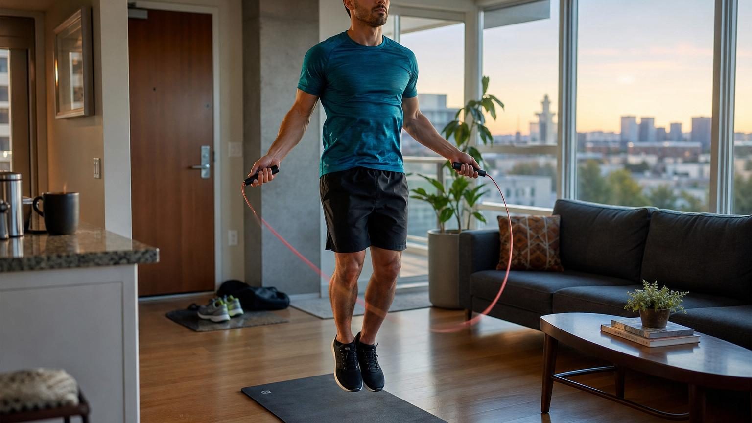 Une corde à sauter légère avec des poignées colorées posée sur un tapis de yoga dans un salon lumineux, près d'une paire de baskets blanches.