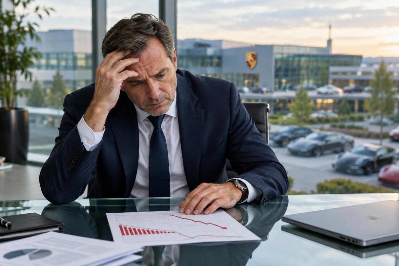 Réunion de famille en costume sombre et tenue sobre, avec des regards confiants mais où l'atmosphère révèle de la tension face aux milliards perdus de leur fortune industrielle