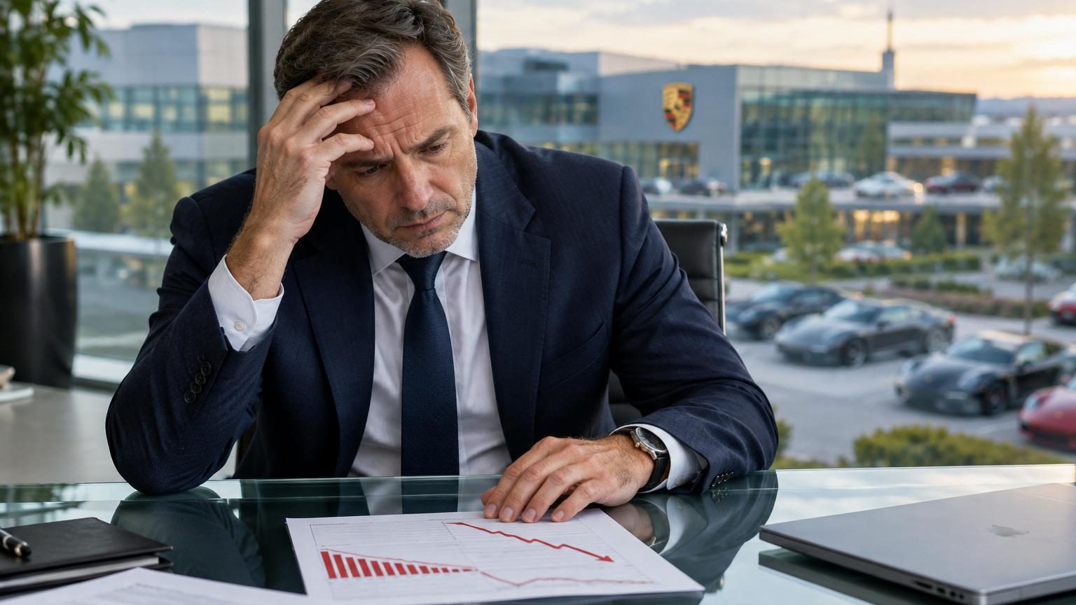 Réunion de famille en costume sombre et tenue sobre, avec des regards confiants mais où l'atmosphère révèle de la tension face aux milliards perdus de leur fortune industrielle
