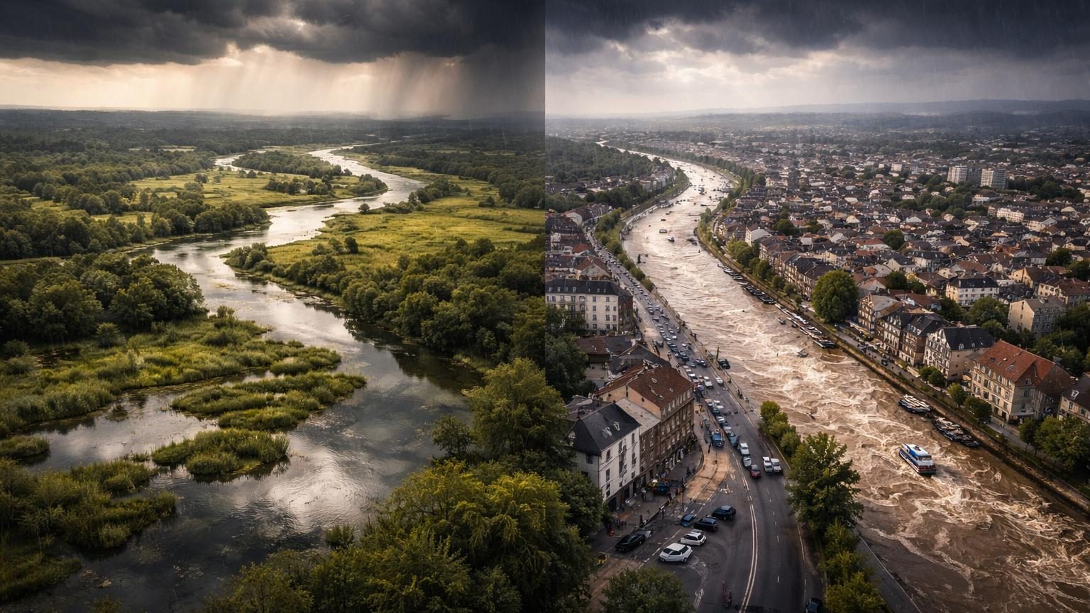Marais verdoyant parsemé de petits cours d'eau, symbole des zones humides disparues transformées en zones urbaines et agricoles drainées.