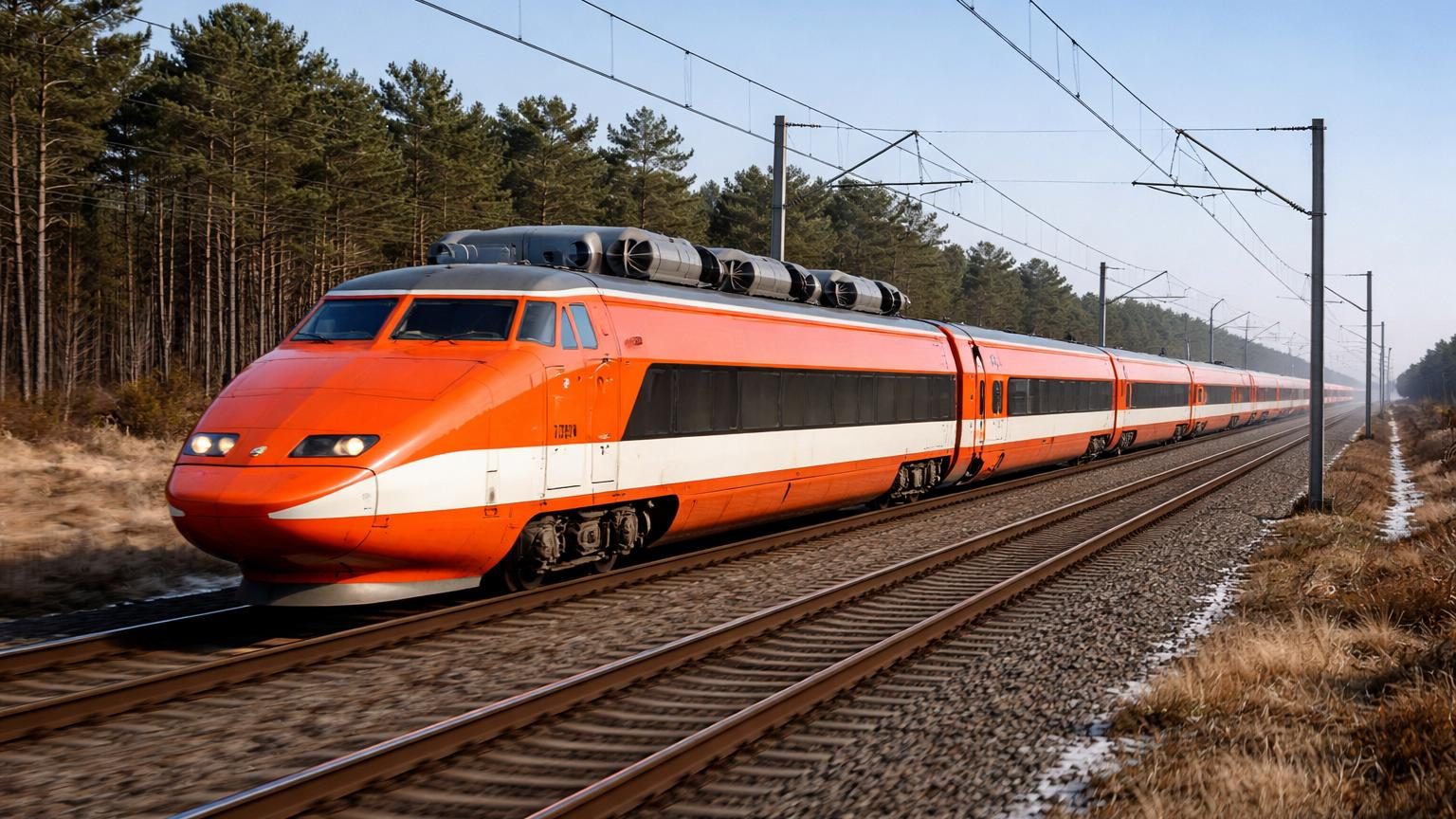 Illustration du TGV 001, train orange profilé des années 1970 équipé de turbines, en mouvement sur une voie ferrée classique française