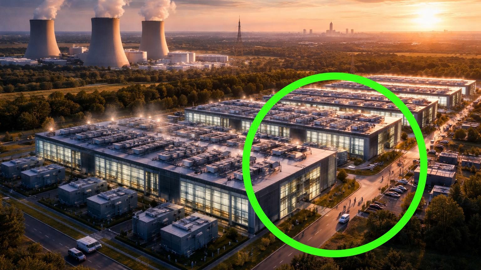 Vue d'une centrale nucléaire française avec des serveurs informatiques et des câbles électriques, symbolisant l'alliance entre l'énergie nucléaire et les infrastructures de centres de données.