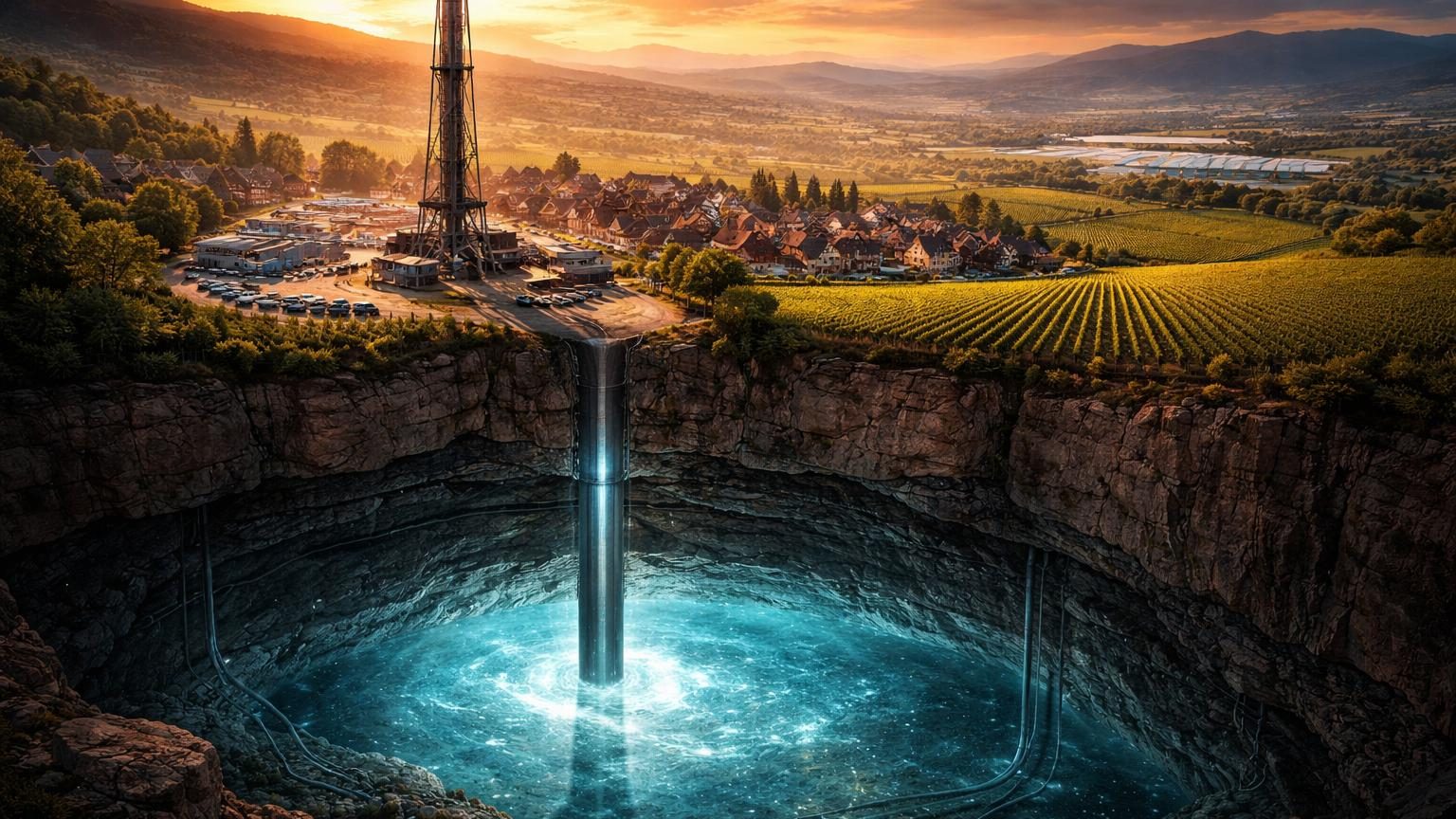 Illustration conceptuelle d'un gisement de lithium en sous-sol alsacien avec des couches géologiques, symboles d'extraction minière et représentation de ressources énergétiques souterraines.
