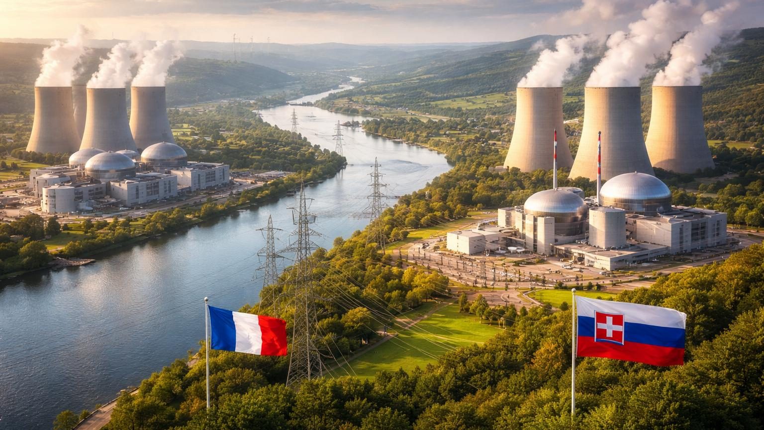 Comparaison symbolique des niveaux d'énergie nucléaire : la Slovaquie dépasse la France avec un nouveau réacteur atomique alimentant le réseau électrique européen.