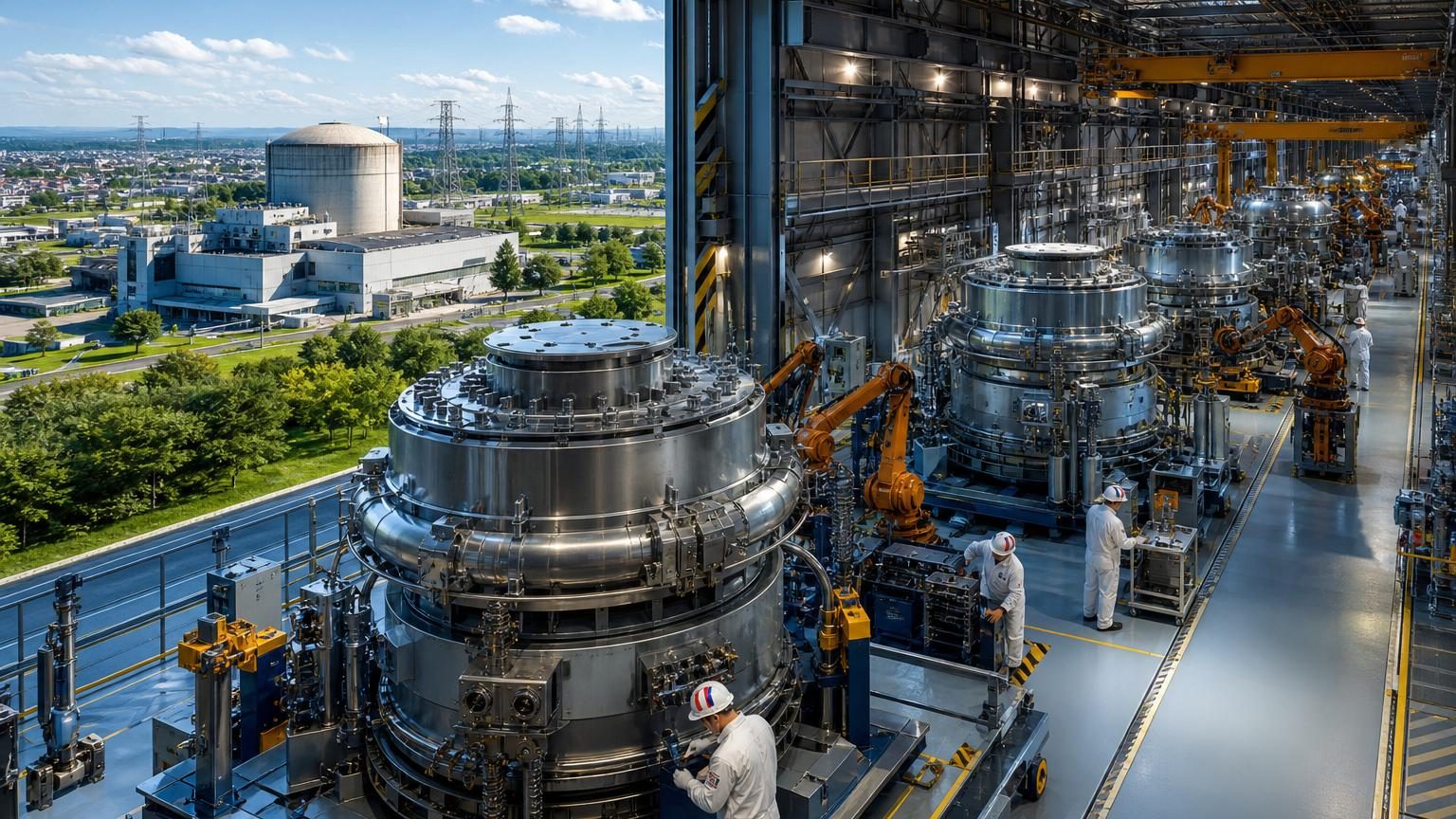 Atelier de fabrication industrielle avec équipements de montage et de soudage, illustrant la production modulaire de composants pour petits réacteurs nucléaires