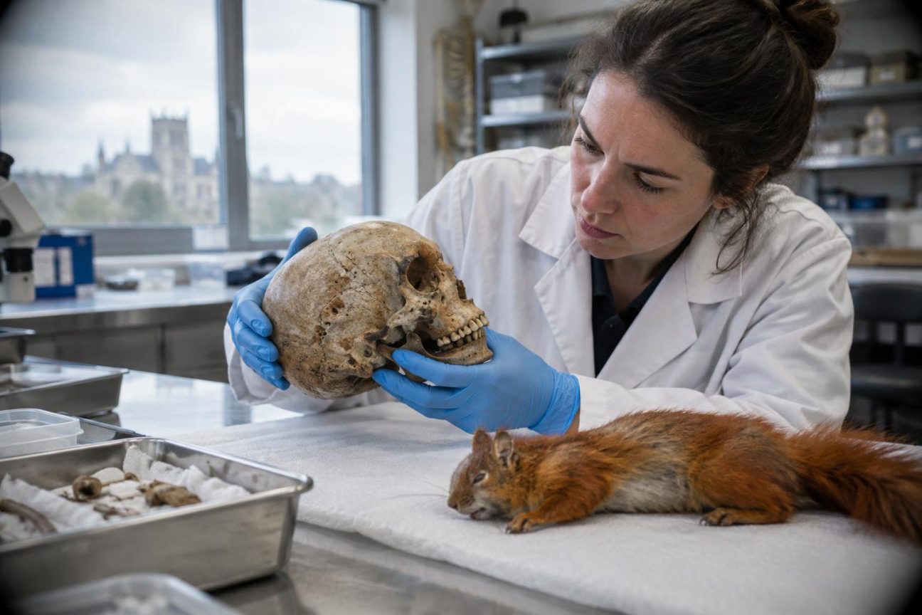 Ossements d'écureuil roux et restes humains médiévaux découverts lors de fouilles archéologiques à Winchester, représentant les vestiges analysés pour la bactérie de la lèpre.