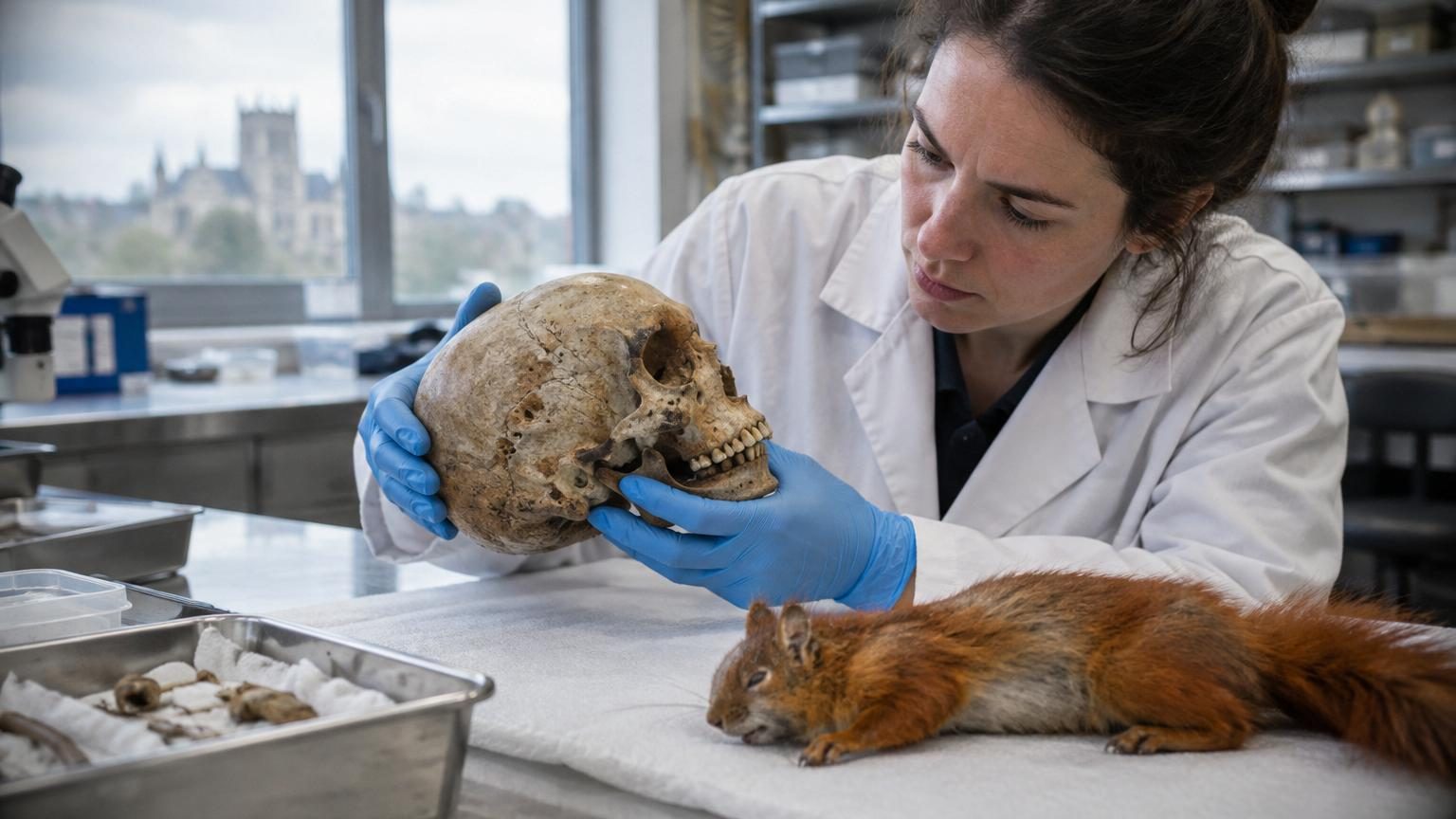 Ossements d'écureuil roux et restes humains médiévaux découverts lors de fouilles archéologiques à Winchester, représentant les vestiges analysés pour la bactérie de la lèpre.