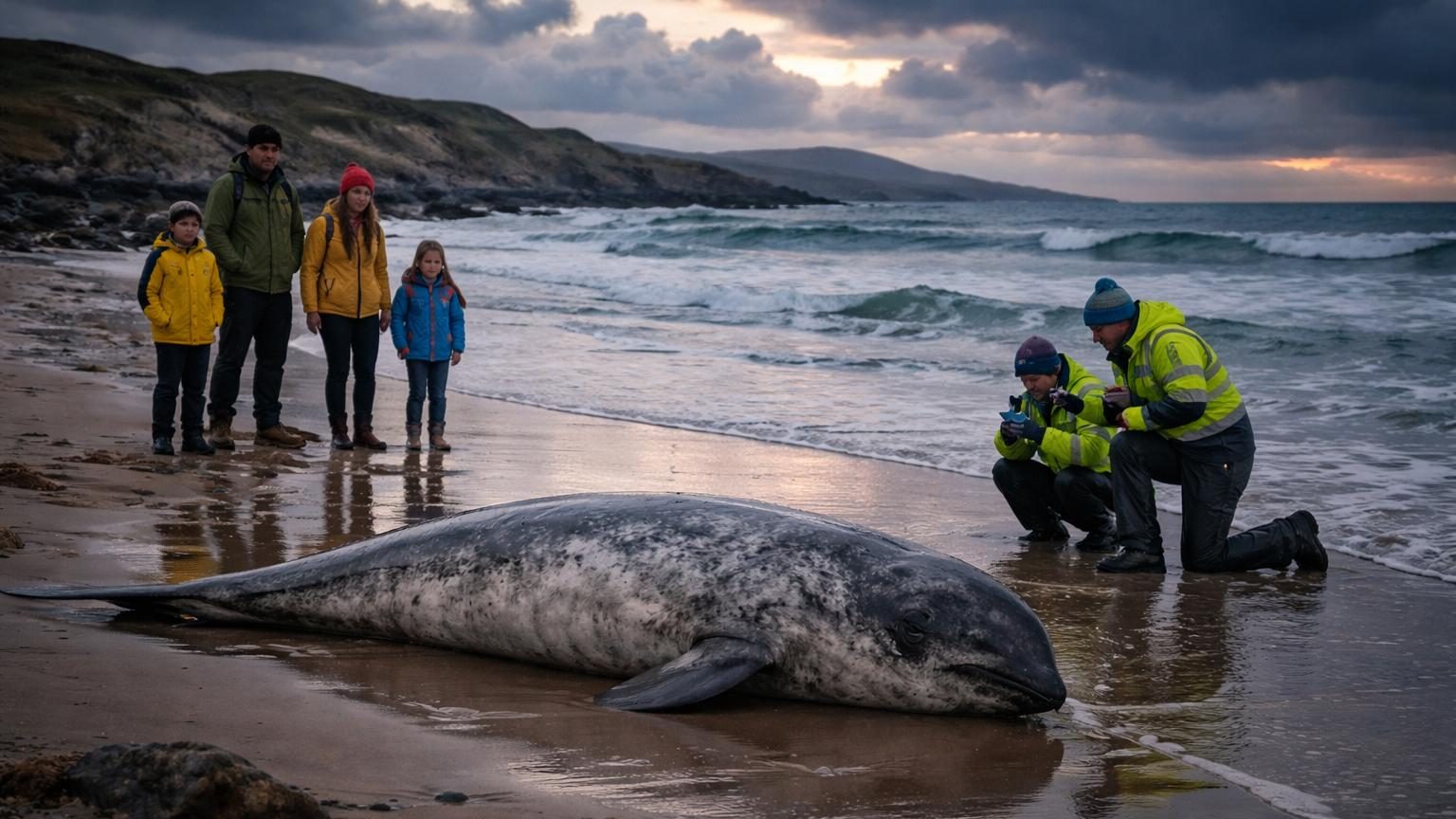 Carcasse d'un narval échoué sur une plage de sable, animal arctique aux proportions massives, découvert en Irlande du Nord.