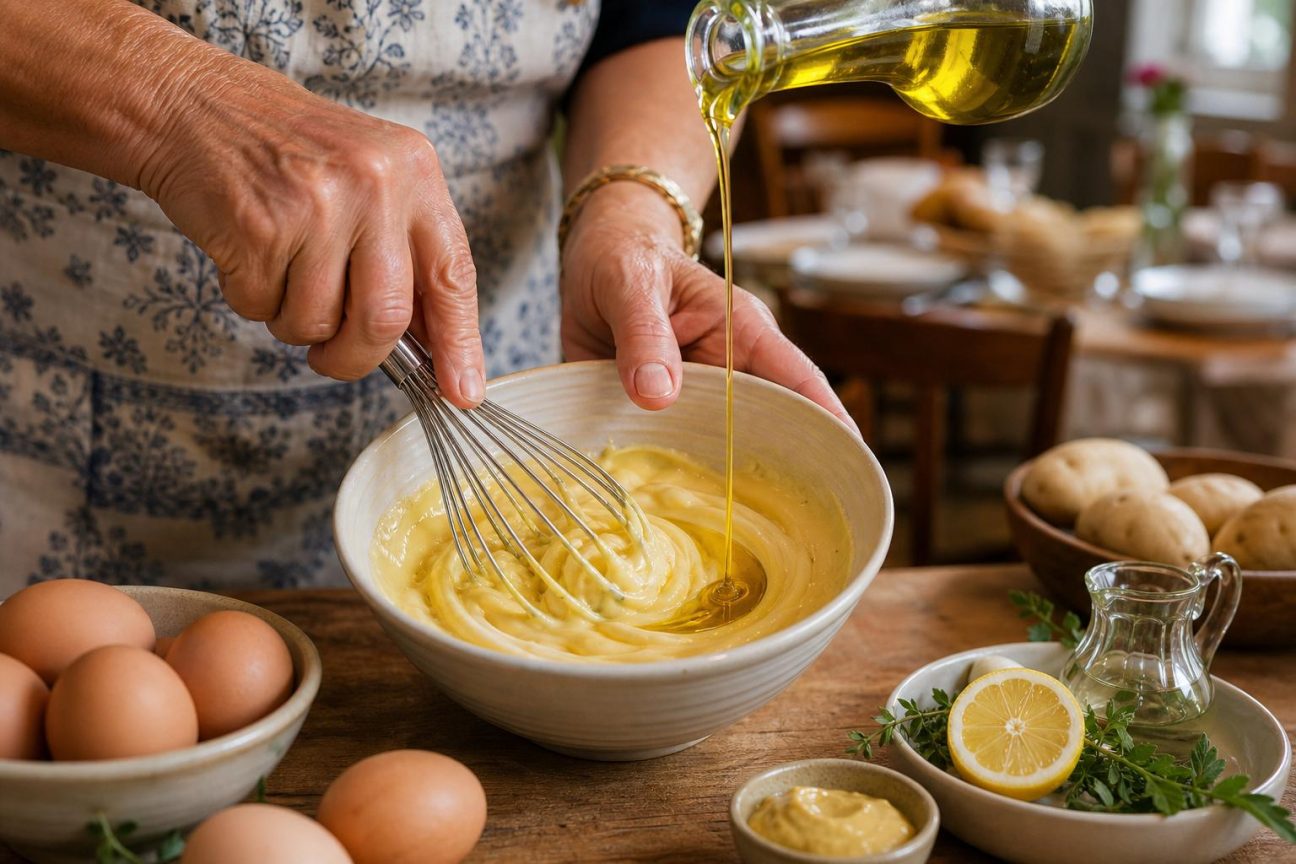 Préparation artisanale d'une mayonnaise: jaune d'œuf, huile, moutarde et fouet dans un bol blanc, symbole du secret des grands-mères.