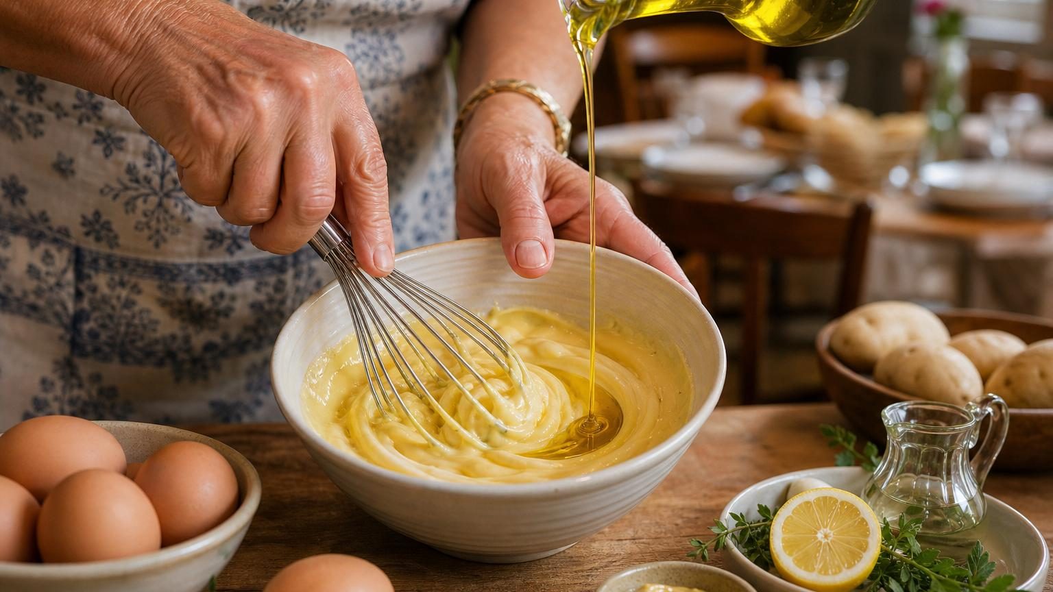 Préparation artisanale d'une mayonnaise: jaune d'œuf, huile, moutarde et fouet dans un bol blanc, symbole du secret des grands-mères.
