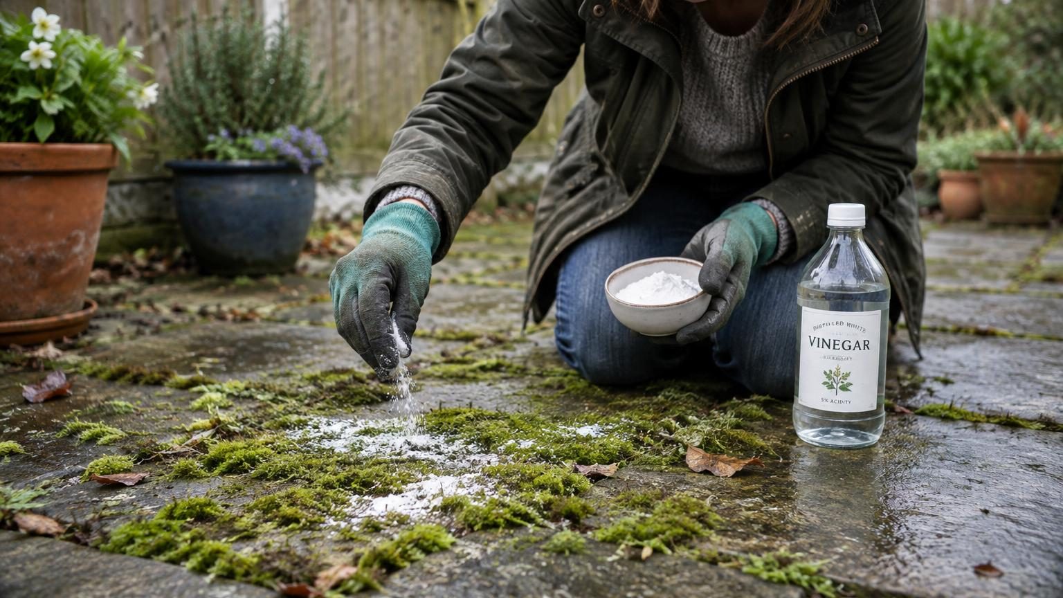 Terrasse en béton recouverte de mousse verte épaisse et glissante, avec dalles carrelées partiellement verdies et des joints envahis, conditions typiques du printemps en climat humide.