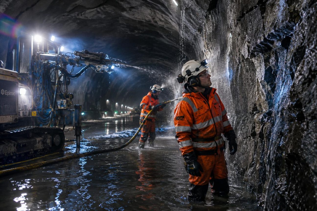 Vue d'artiste ou schéma technique du tunnel Rogfast creusé à 400 mètres sous le Boknafjord en Norvège, montrant les sections rocheuses, les zones de failles et les infiltrations d'eau salée en profondeur.