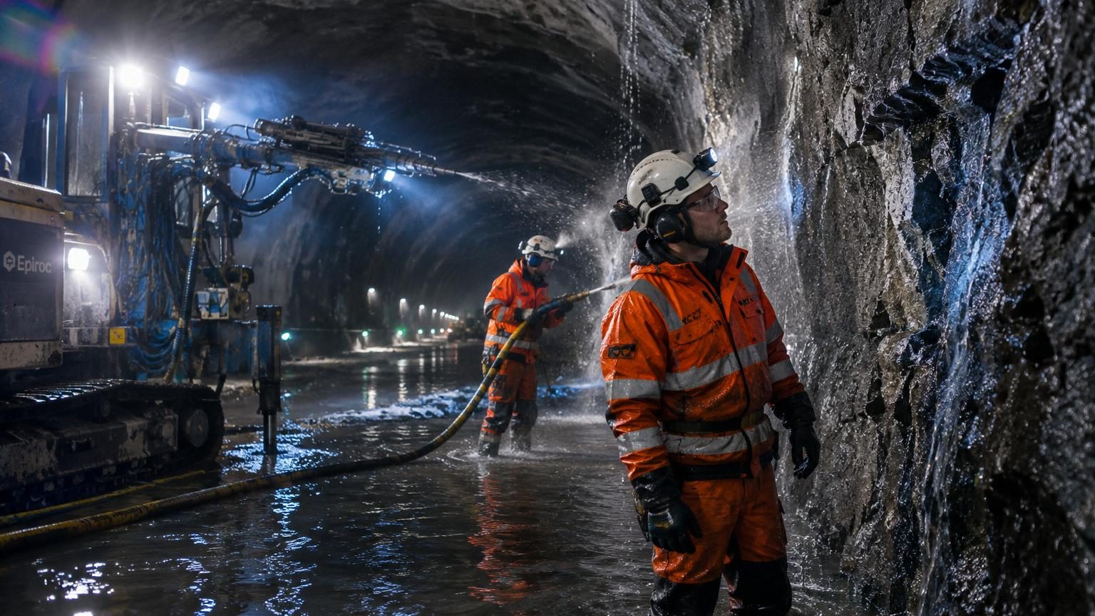 Vue d'artiste ou schéma technique du tunnel Rogfast creusé à 400 mètres sous le Boknafjord en Norvège, montrant les sections rocheuses, les zones de failles et les infiltrations d'eau salée en profondeur.