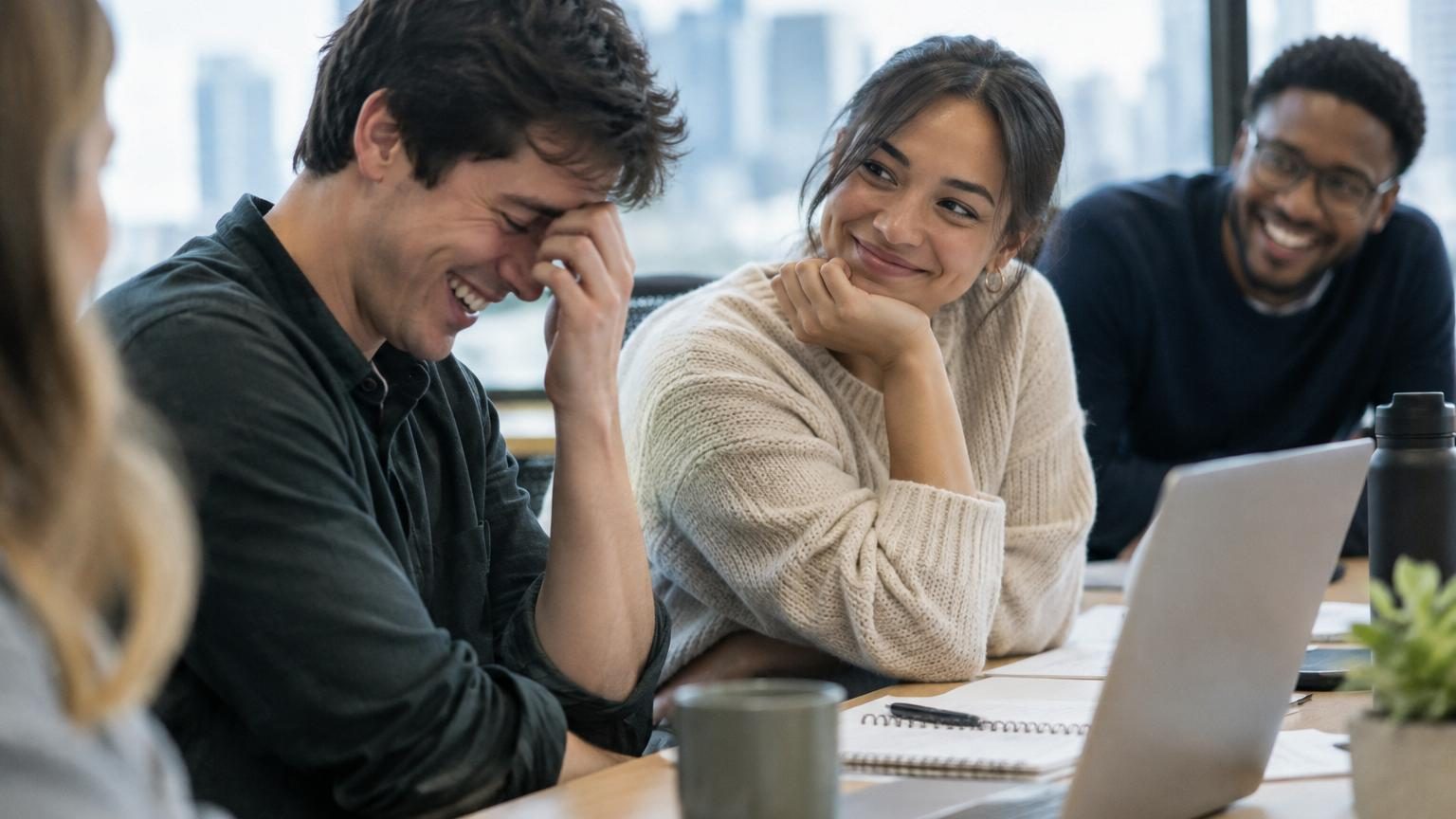 Une personne retenant un sourire gêné après qu'une autre ait commis une erreur, illustrant le réflexe automatique de schadenfreude.