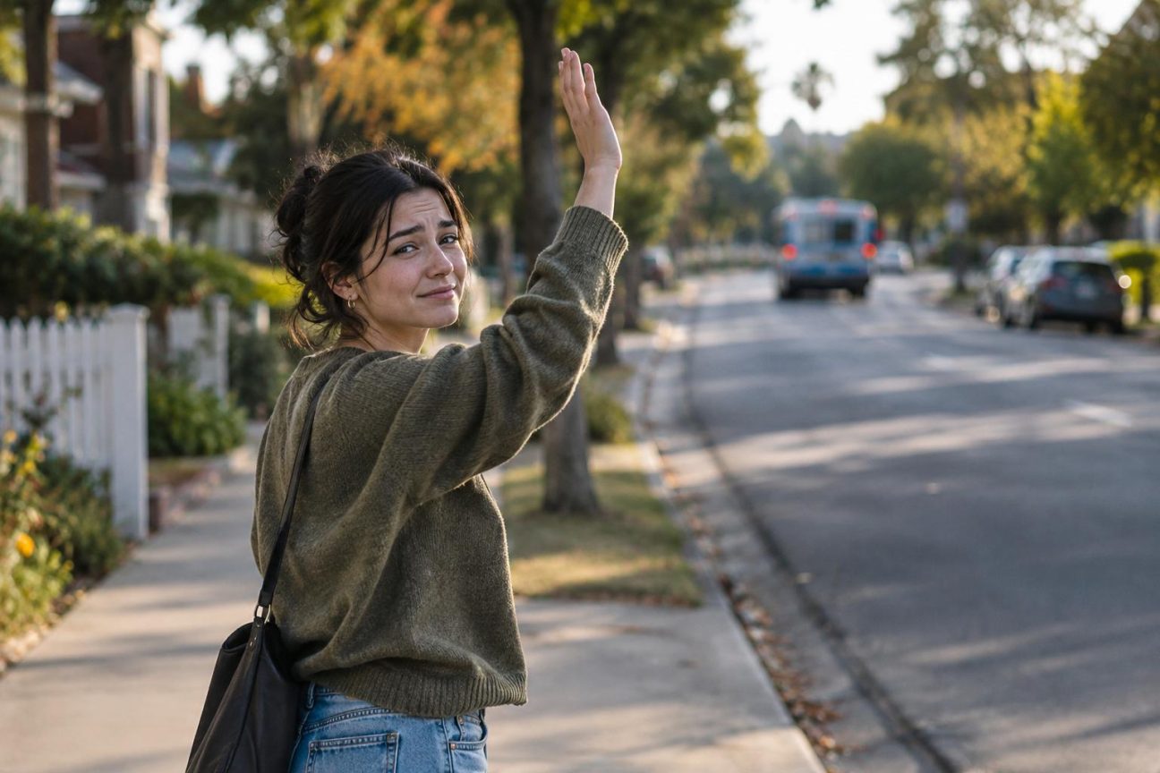 Une main levée qui continue de faire signe au revoir vers une voiture qui s'éloigne au coin d'une rue, illustrant le geste automatique prolongé après une séparation.