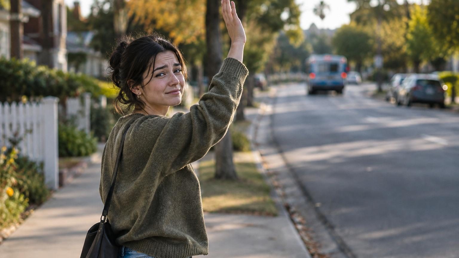 Une main levée qui continue de faire signe au revoir vers une voiture qui s'éloigne au coin d'une rue, illustrant le geste automatique prolongé après une séparation.