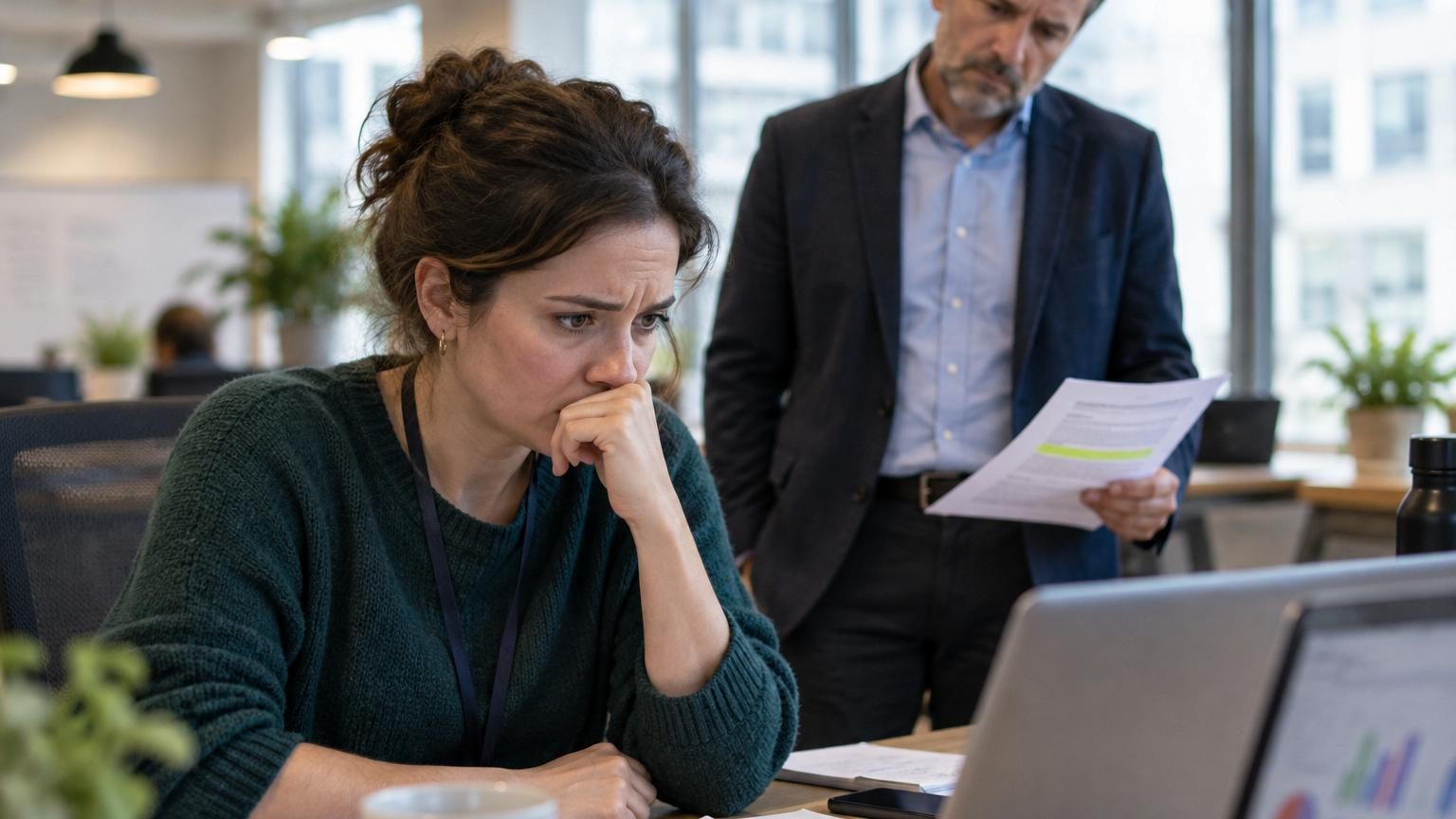 Manager examinant attentivement des documents avec une expression concentrée, symbolisant la détection des erreurs et des risques professionnels.