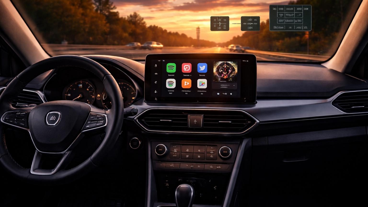 Tableau de bord de voiture moderne avec grand écran tactile noir montrant les applications de streaming musical Spotify et Apple Music, contraste avec l'absence de bouton radio physique traditionnel