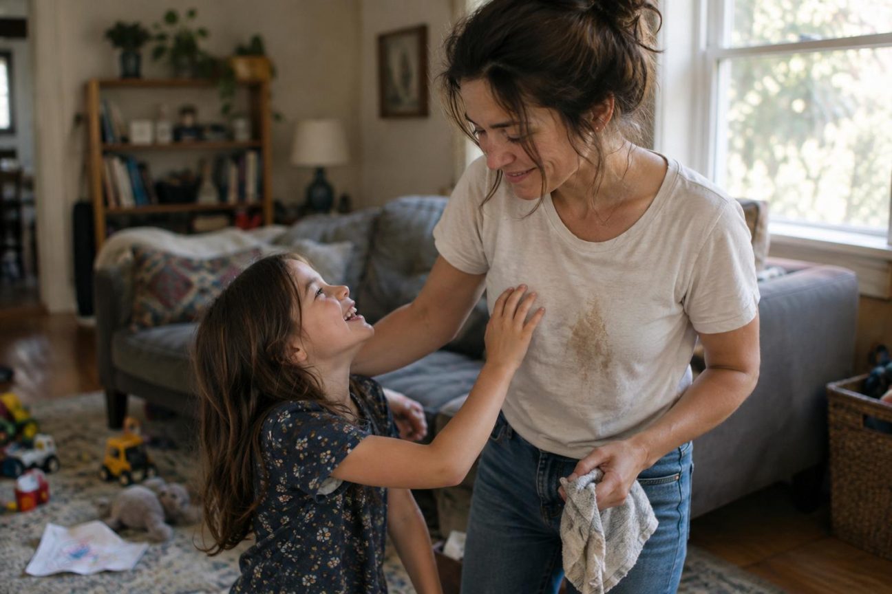 Parent s'excusant auprès de son enfant après un moment de tension, geste de réparation et rétablissement du lien affectif dans un contexte familial.