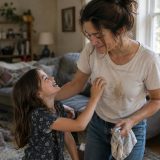 Parent s'excusant auprès de son enfant après un moment de tension, geste de réparation et rétablissement du lien affectif dans un contexte familial.