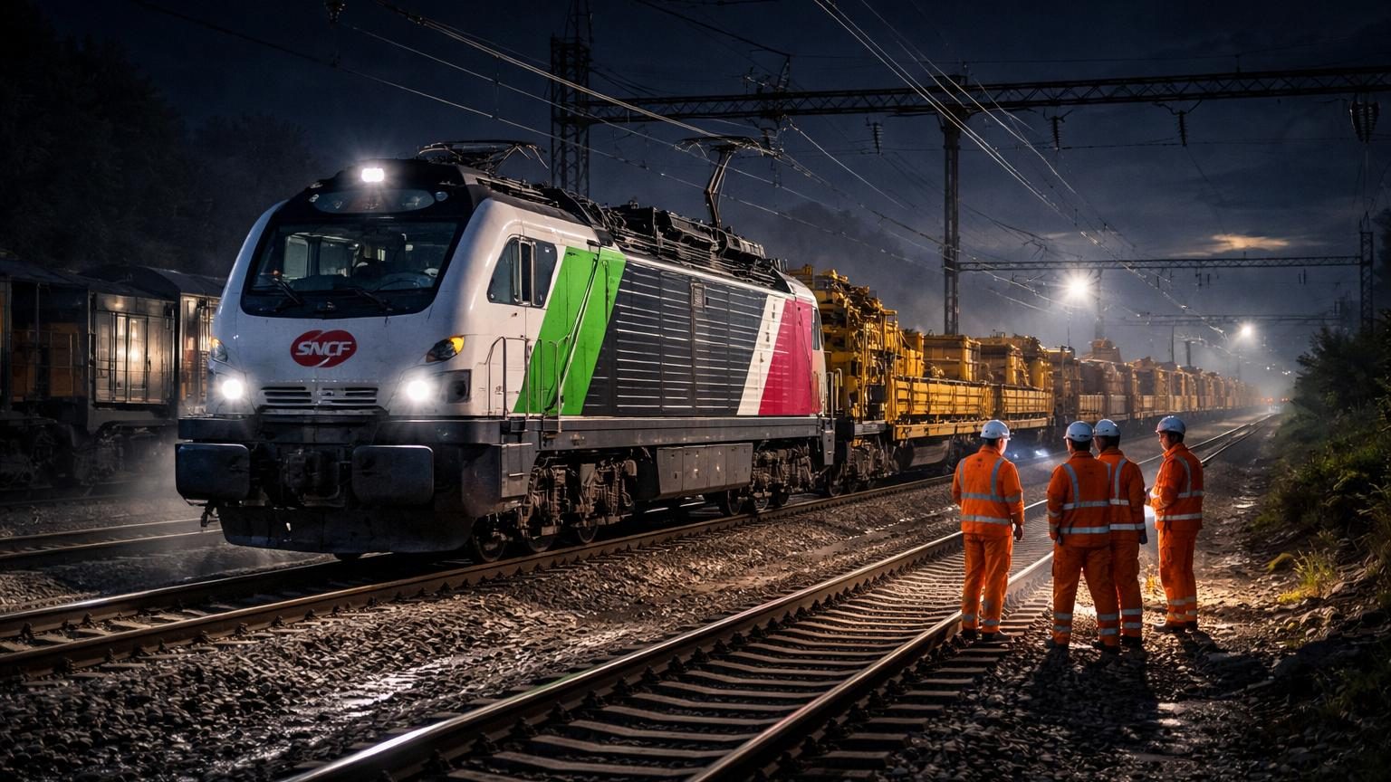 Locomotive hybride moderne dotée d'équipements électriques et thermiques circulant sur des voies ferroviaires de nuit pour une opération de maintenance.