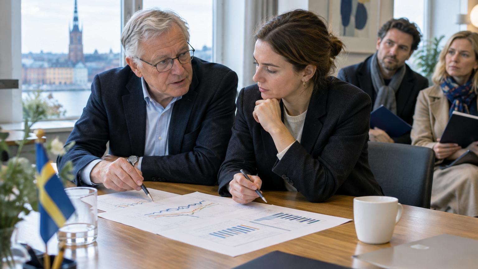 Un ingénieur suédois de 63 ans consulte sur son téléphone l'interface de son compte-retraite public, affichant avec clarté les projections de pension selon son âge de départ.