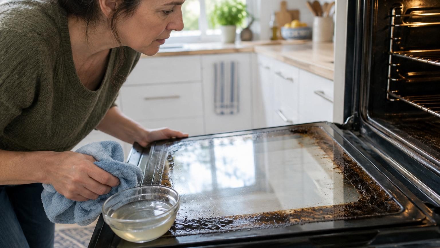 Gros plan sur la vitre d'une porte de four montrant une bande noire incrustée sur les bords, avec un chiffon en microfibre et un récipient contenant une pâte de bicarbonate à proximité pour le nettoyage.