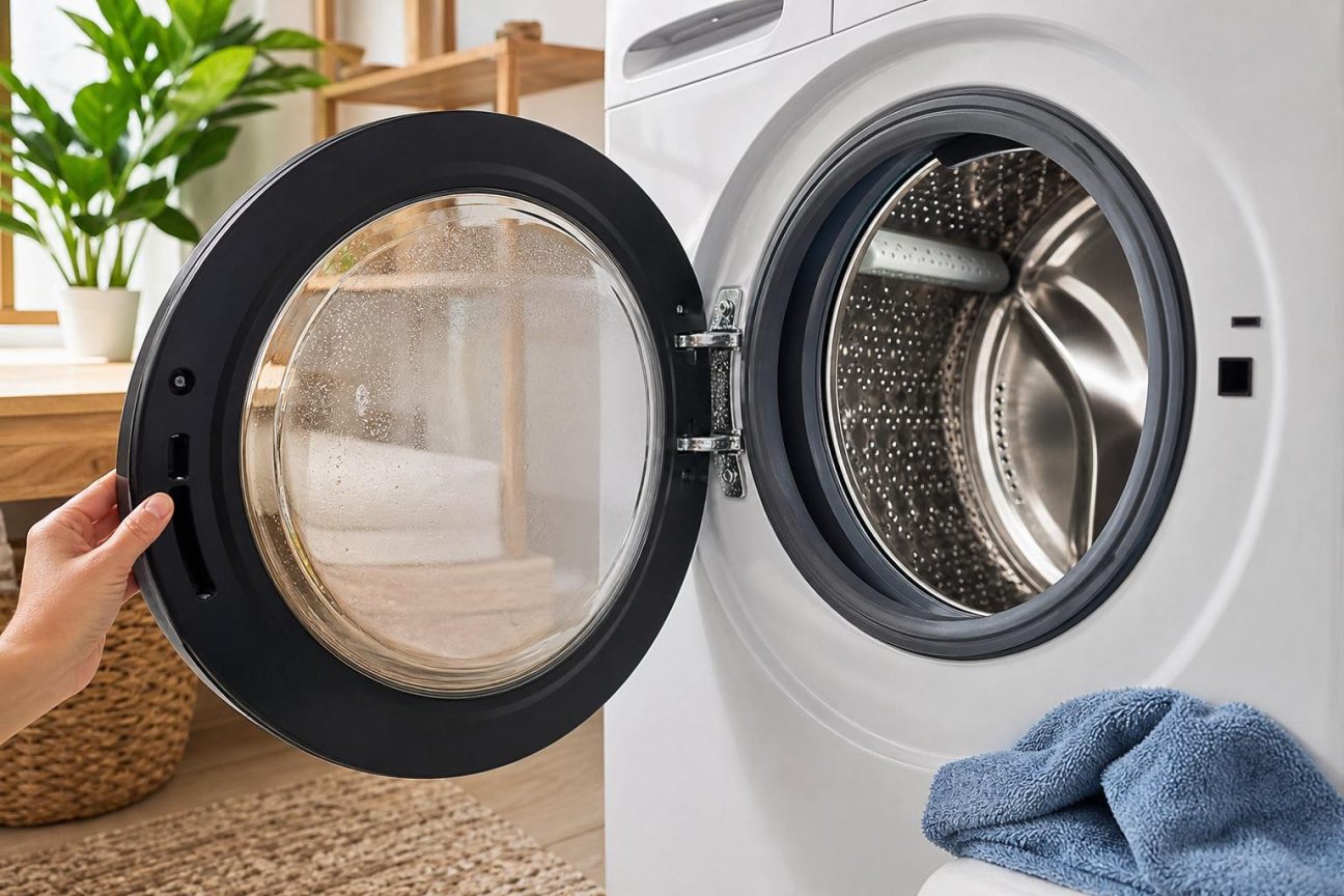 Gros plan sur le joint caoutchouc d'un hublot de lave-linge avec des traces noires de moisissure visibles dans ses plis