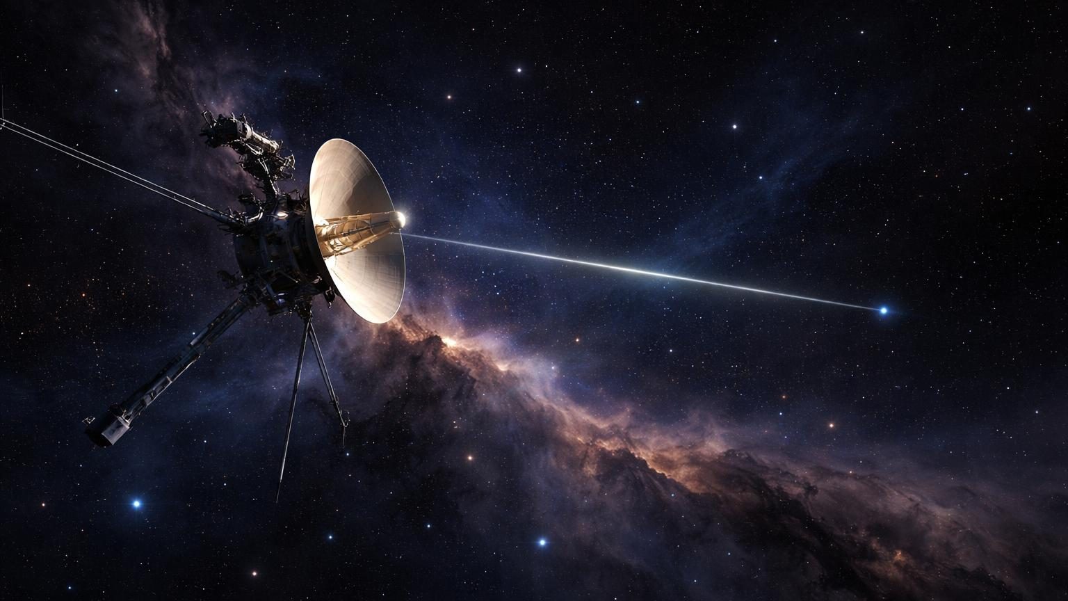 Illustration artistique de la sonde Voyager 1 flottant dans l'espace interstellaire avec les étoiles en arrière-plan et les antennes du Deep Space Network captant son faible signal radio depuis la Terre
