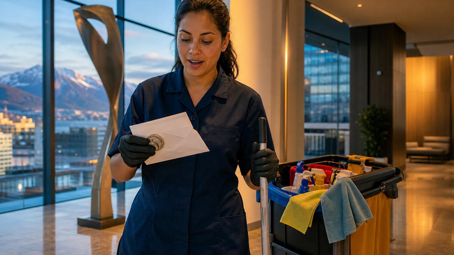 Une femme portant des gants de nettoyage essuie une surface de bureau avec un produit d'entretien professionnel dans un espace de travail moderne et lumineux.