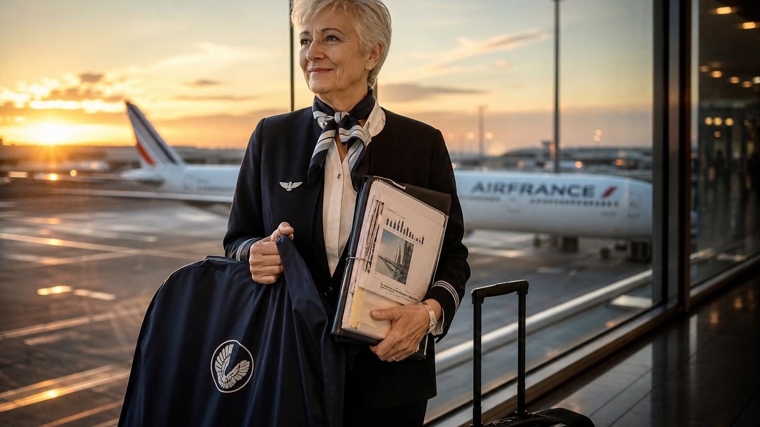 Femme dans un uniforme d'hôtesse de l'air rangeant sa tenue dans une housse bleue dans un aéroport, symbolisant la fin d'une carrière de 32 ans
