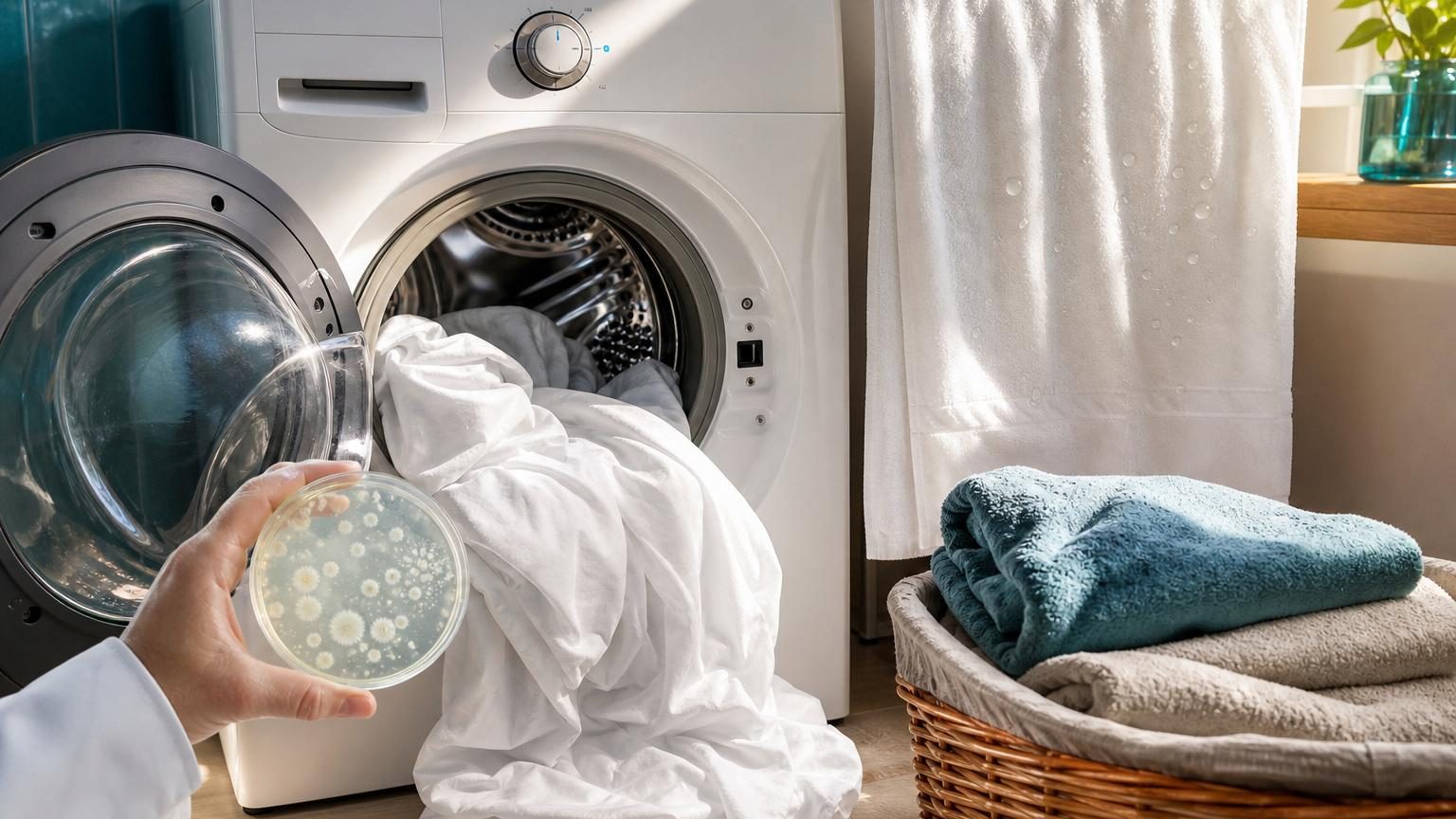 Pile de linge blanc fraîchement lavé, serviettes et draps pliés, attendant le rangement après séchage complet.