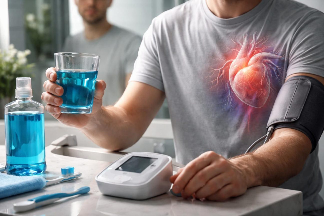 Plan rapproché sur une bouche ouverte avec un bain de bouche en cours de rinçage, illustrant les bactéries buccales et le lien avec la santé cardiovasculaire.