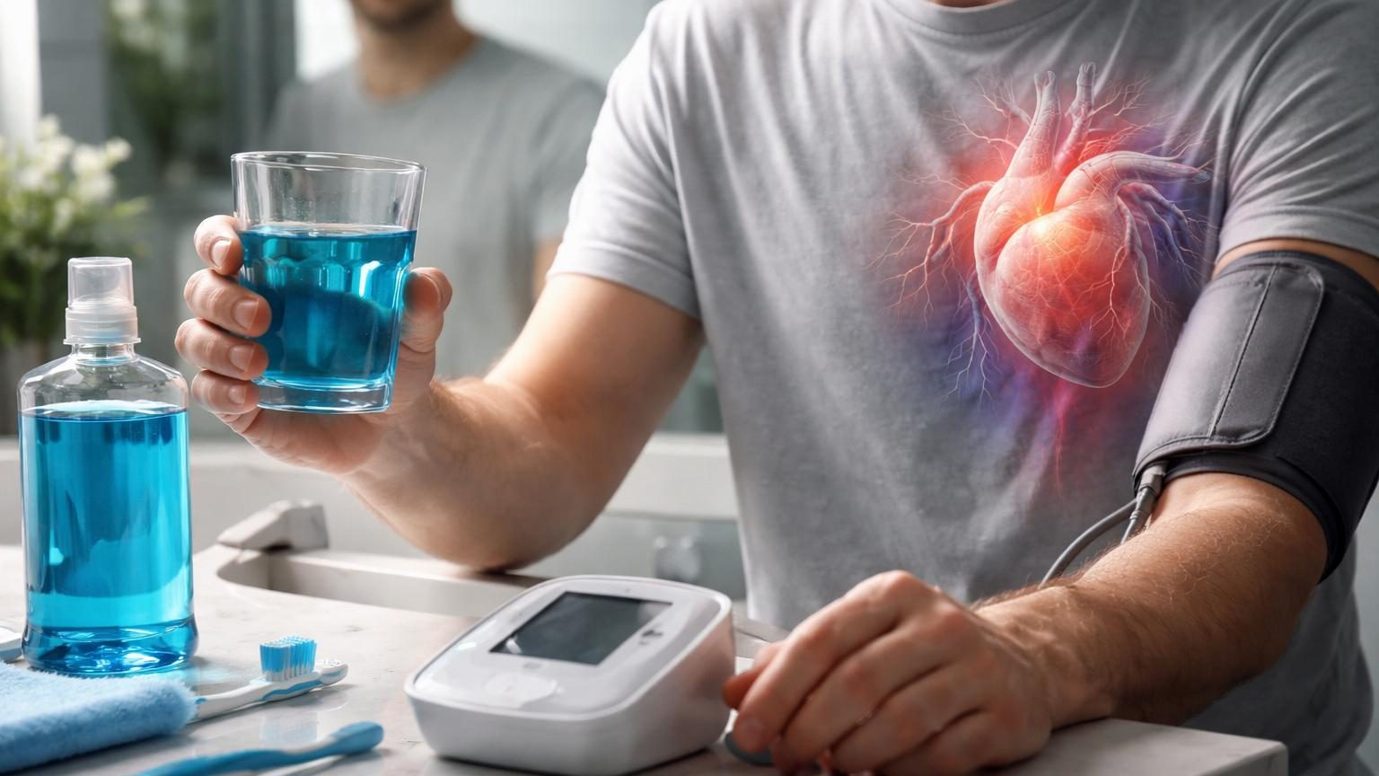 Plan rapproché sur une bouche ouverte avec un bain de bouche en cours de rinçage, illustrant les bactéries buccales et le lien avec la santé cardiovasculaire.