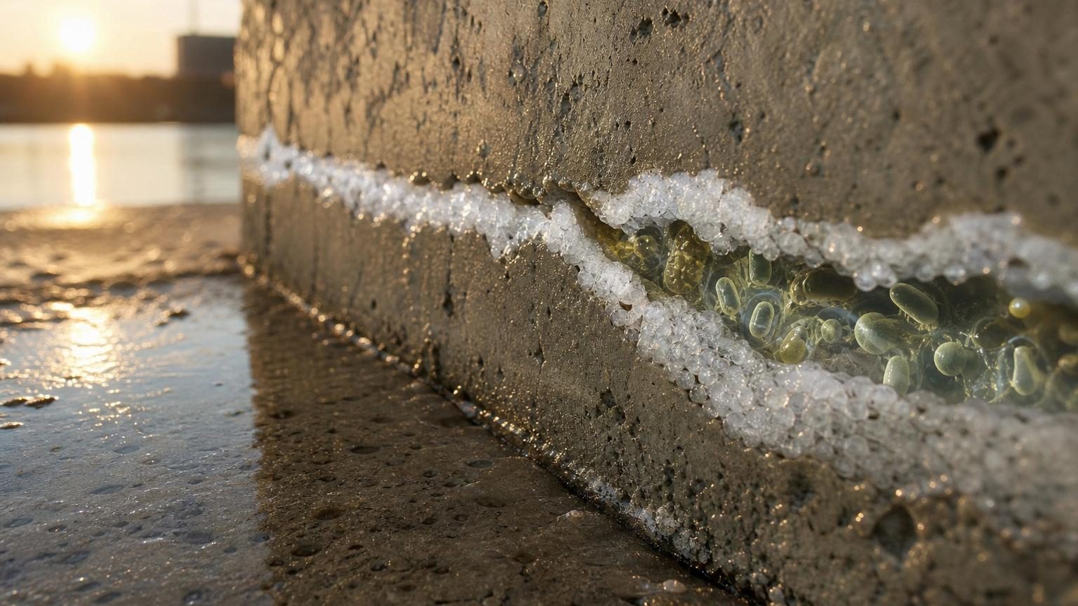 Gros plan sur une fissure fine dans du béton gris clair, avec une goutte d'eau en train de s'y infiltrer, symbolisant l'activation des bactéries auto-réparatrices.