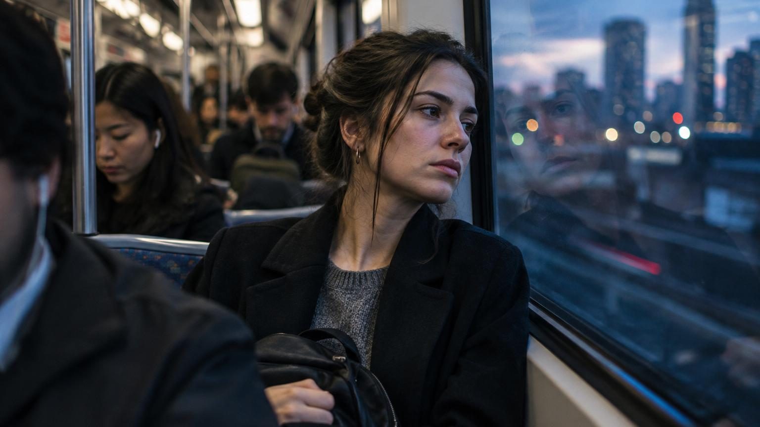 Une femme dans les transports consulte son téléphone affichant une citation motivante, avant de soupirer et de regarder son reflet fatigué dans la vitre, entourée d'autres voyageurs concentrés.