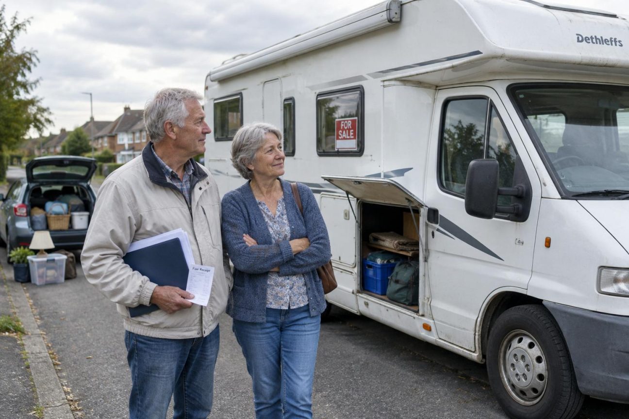 Couple de retraités dans la cuisine de leur domicile, notant les dépenses de leur camping-car sur une feuille de papier, symbole de la révision de leur stratégie de vacances.