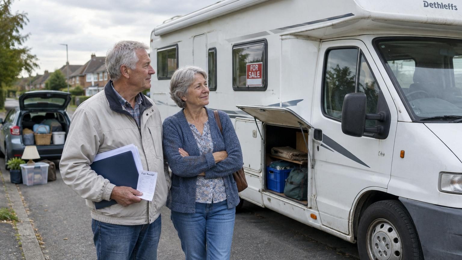 Couple de retraités dans la cuisine de leur domicile, notant les dépenses de leur camping-car sur une feuille de papier, symbole de la révision de leur stratégie de vacances.