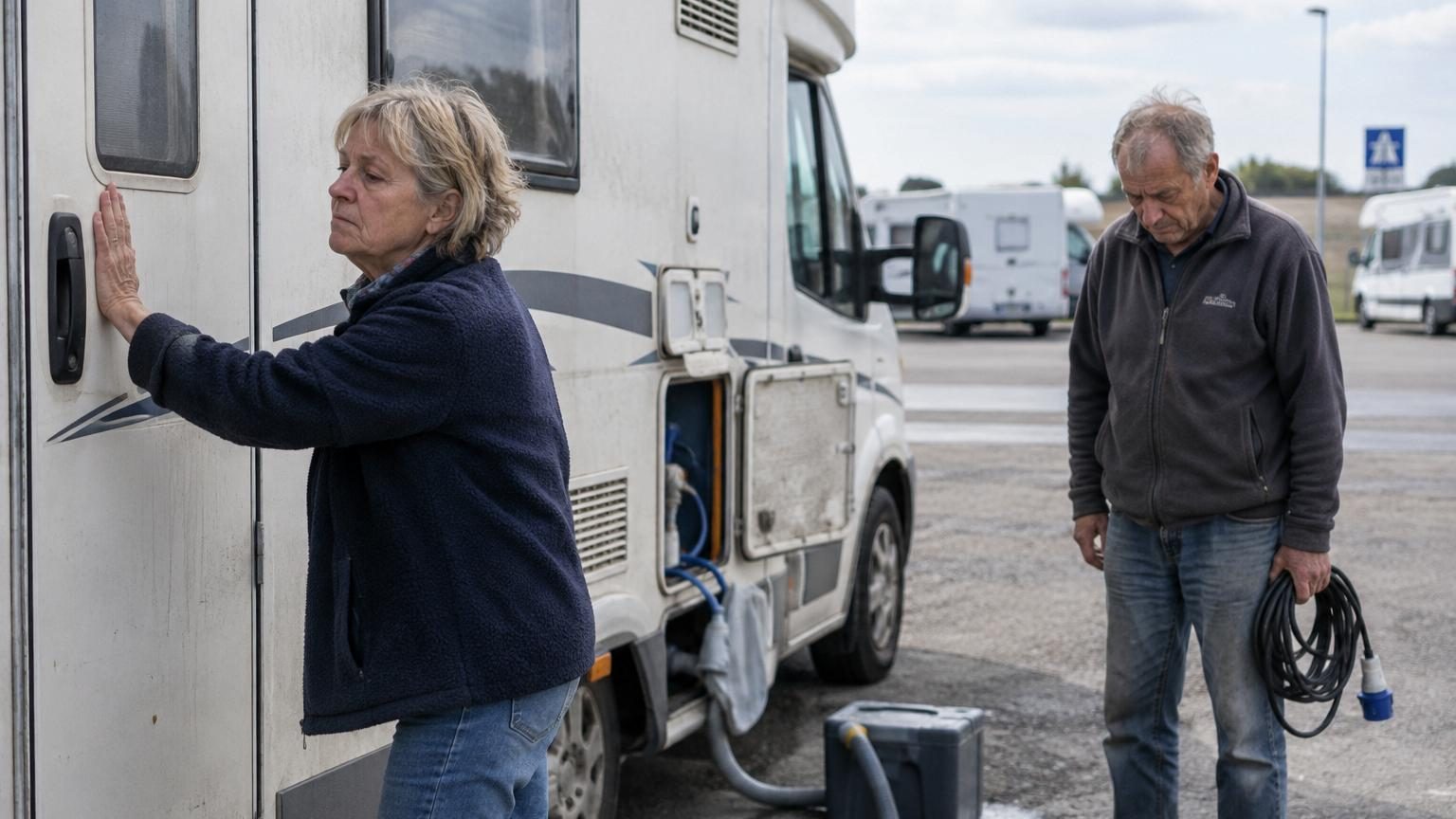 Couple de retraités debout près d'un camping-car fermé sur une aire de service grise, leurs expressions réfléchies contrastant avec le paysage routier derrière eux.