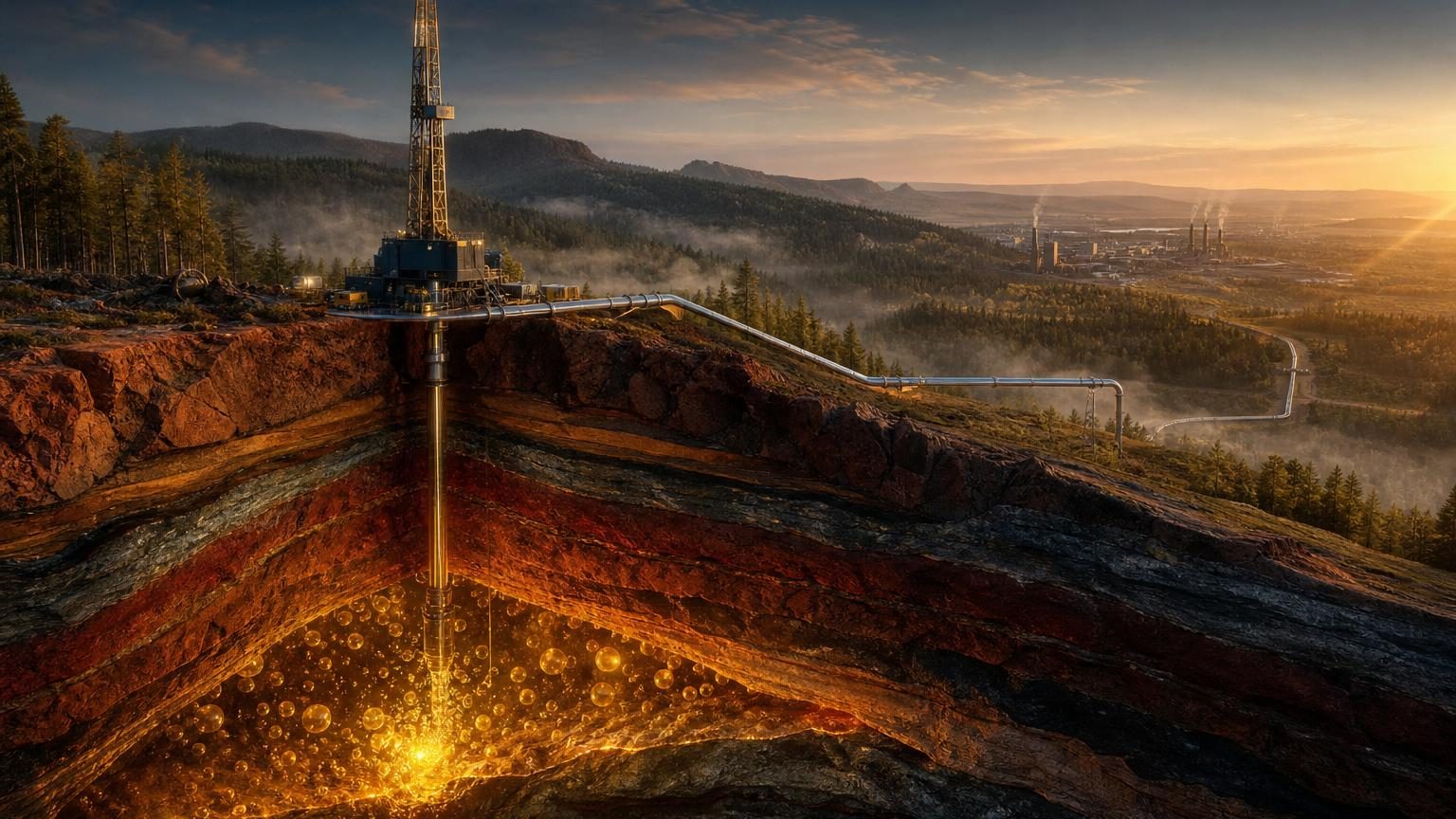 Paysage souterrain stylisé montrant des couches de roches aux teintes ocre et or, avec des molécules d'hydrogène brillantes émergentes, illustrant la formation naturelle du gaz doré sous terre.